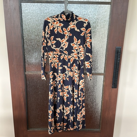 Tanya Taylor Floral Thea Dress Navy Orange Jersey Midi Turtle Neck Large. - Picture 7 of 13